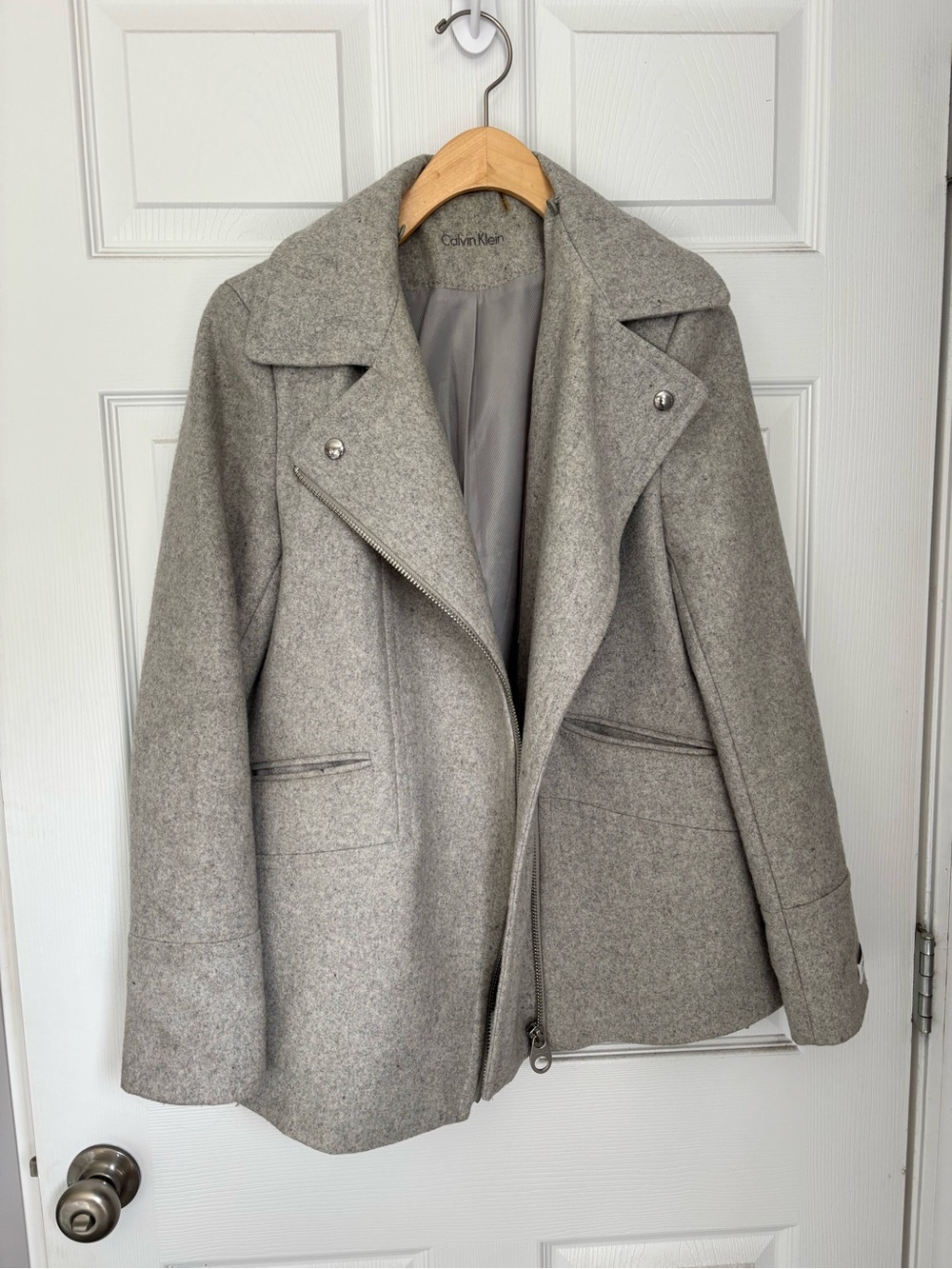 Calvin Klein Light Gray Wool-Blend Asymmetrical Pea Coat